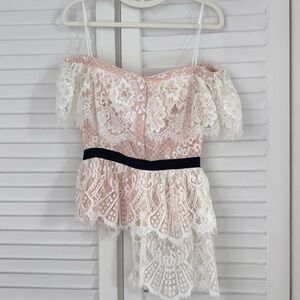 Beautiful Lace Asymmetrical Off-Shoulder Top in Pink & Cream - S/M
